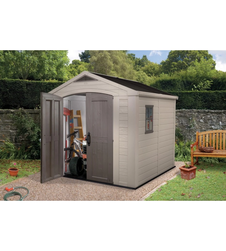 CASETTA DA GIARDINO KETER "FACTOR 8x8" IN RESINA COLORE BEIGE CON PORTA BATTENTE DOPPIA 256,5X255X243 CM